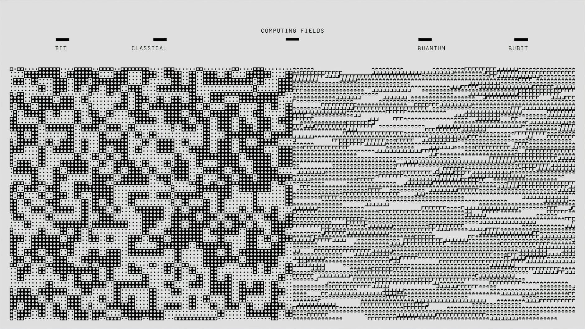 Abstract design showcasing computing fields with geometric and binary patterns in black and white.