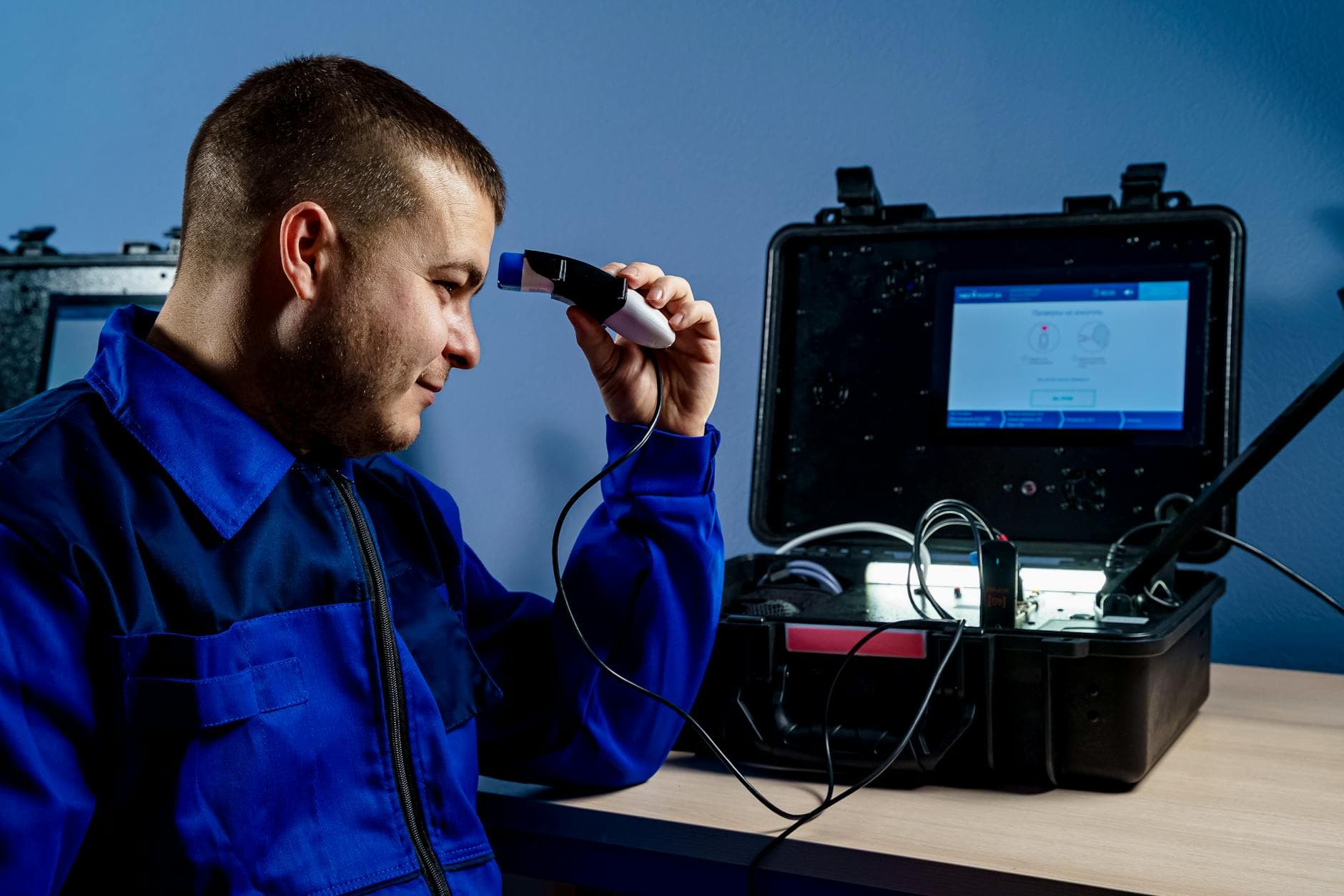 Man in blue uniform using advanced diagnostic equipment inside a workshop.